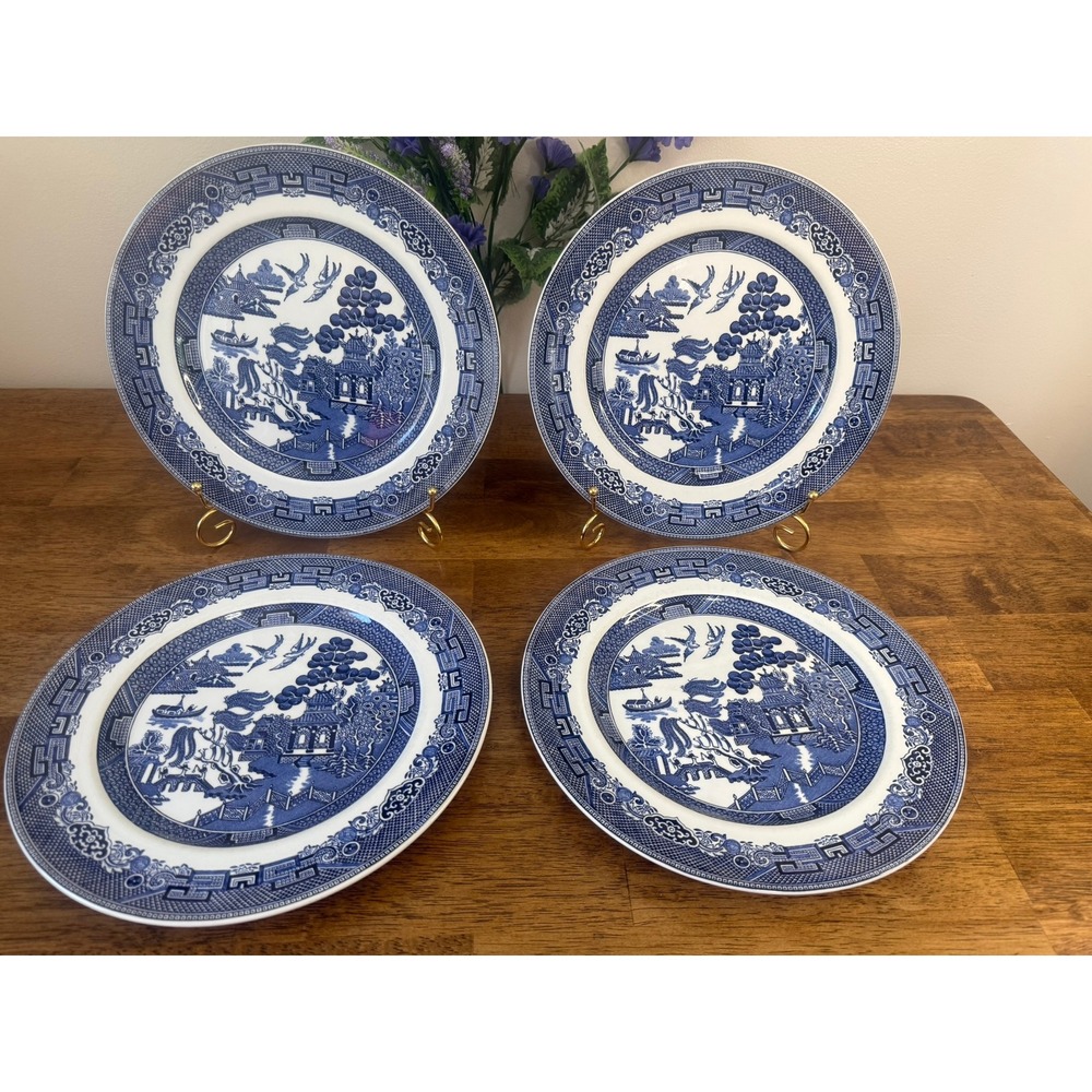 Johnson Brothers Willow Dinner Plates England Vintage Chinese Blue White Retro